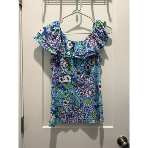 Lilly Pulitzer Womens Wynne Casual Top Blue Floral Short Sleeve Off Shoulder M - Picture 2 of 5